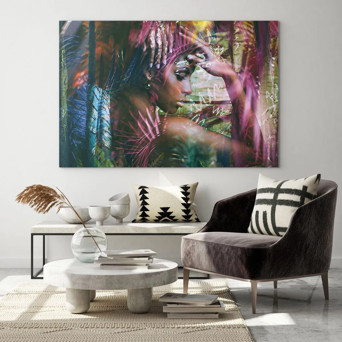 Impression sur verre - Image sur verre - Portrait d'une femme parmi les feuilles tropicales et les reflets de lumière. - 100x70cm - Dame Nature dans la jungle - Décoration murale moderne pour le salon et la chambre ARTTOR