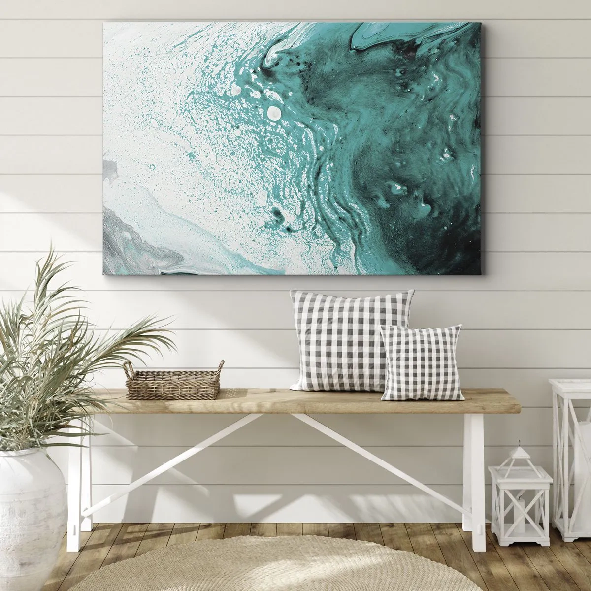 Impression sur toile - Image sur toile - Composition abstraite dans des tons turquoise sur fond blanc - 120x80cm - Se fondre dans le bleu et le turquoise - Décoration murale moderne pour le salon et la chambre ARTTOR