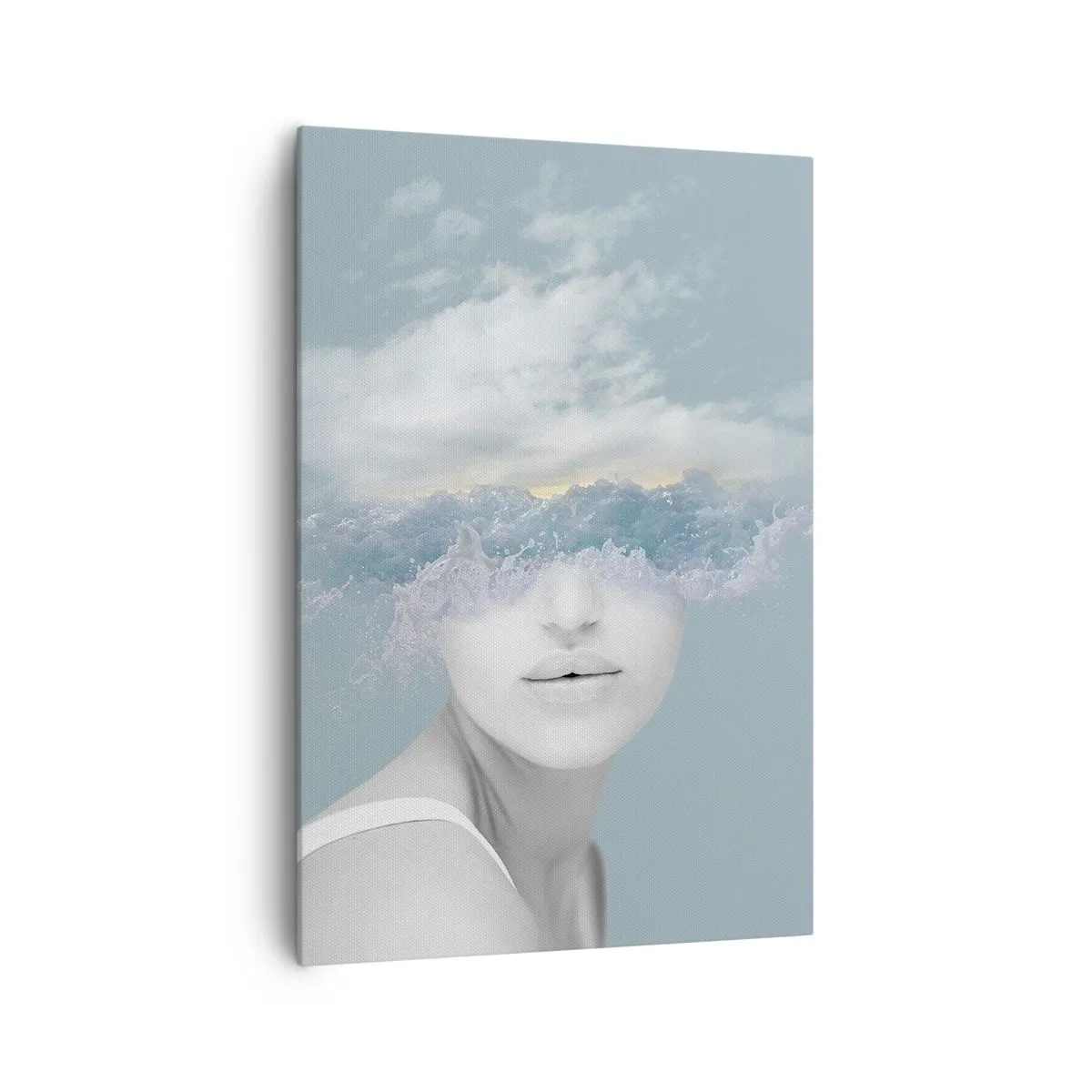 Impression sur toile - Image sur toile - Portrait d'une femme avec son visage caché derrière les nuages et les vagues - 70x100cm - La tête dans les nuages - Décoration murale moderne pour le salon et la chambre ARTTOR
