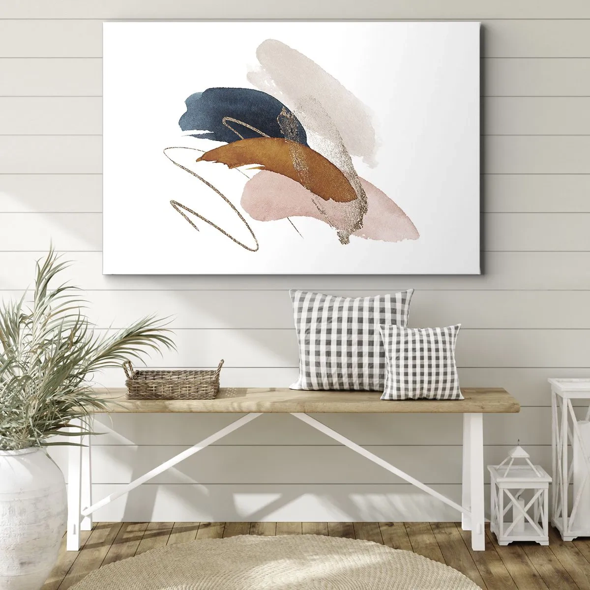 Impression sur toile - Image sur toile - Traits abstraits aux couleurs pastel avec des accents dorés - 70x50cm - Composition ailée - Décoration murale moderne pour le salon et la chambre ARTTOR