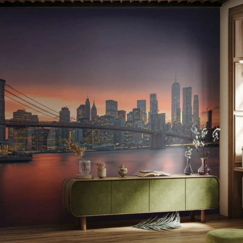 Papier Peint Photo Premium Canvas - Immergé dans le silence lilas - New York, Ville, le pont de Brooklyn - 350x256 cm