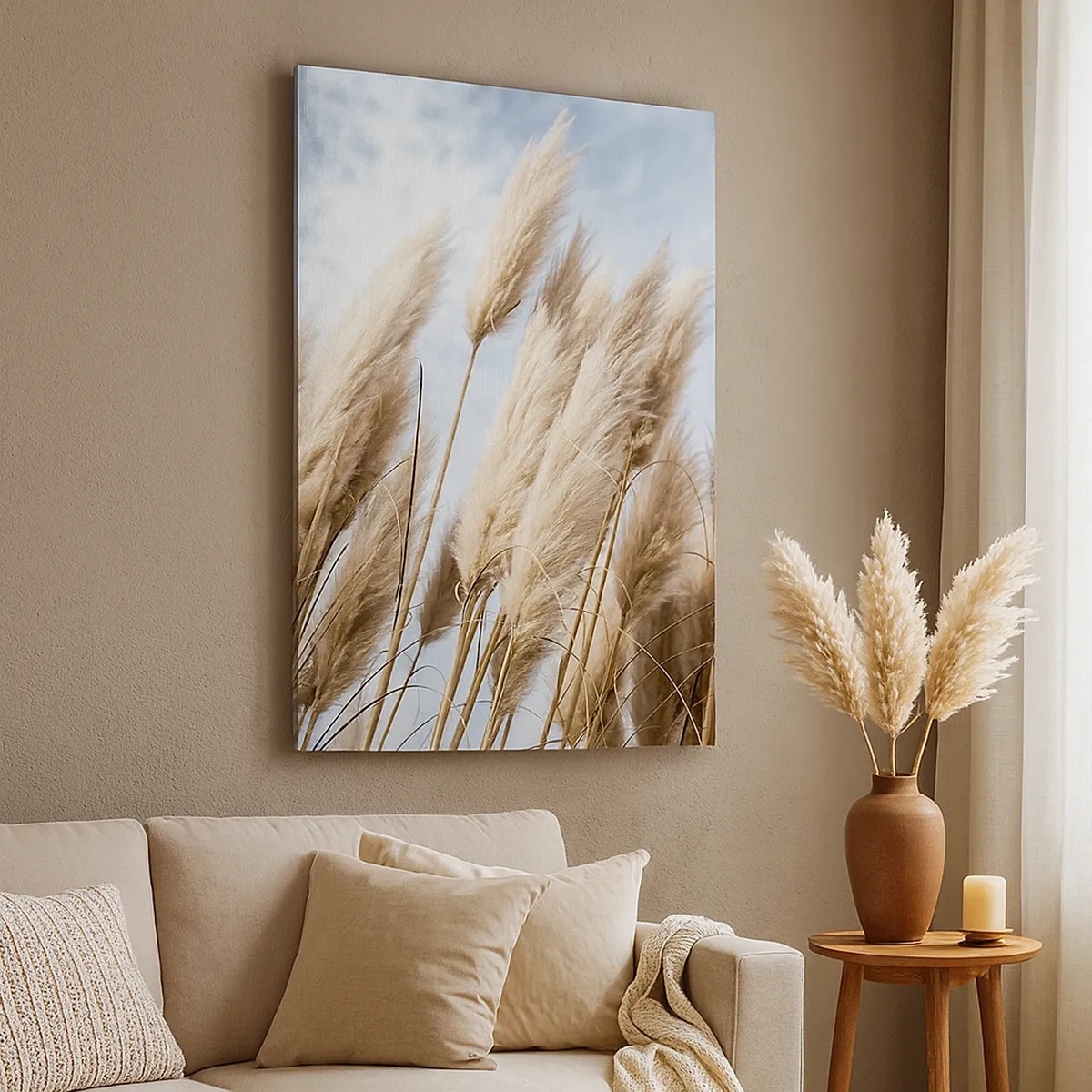 Impression sur toile - Image sur toile - Herbes de pampa délicates contre un ciel bleu avec des nuages légers - 50x70cm - Caresse ensoleillée et venteuse - Décoration murale moderne pour le salon et la chambre ARTTOR