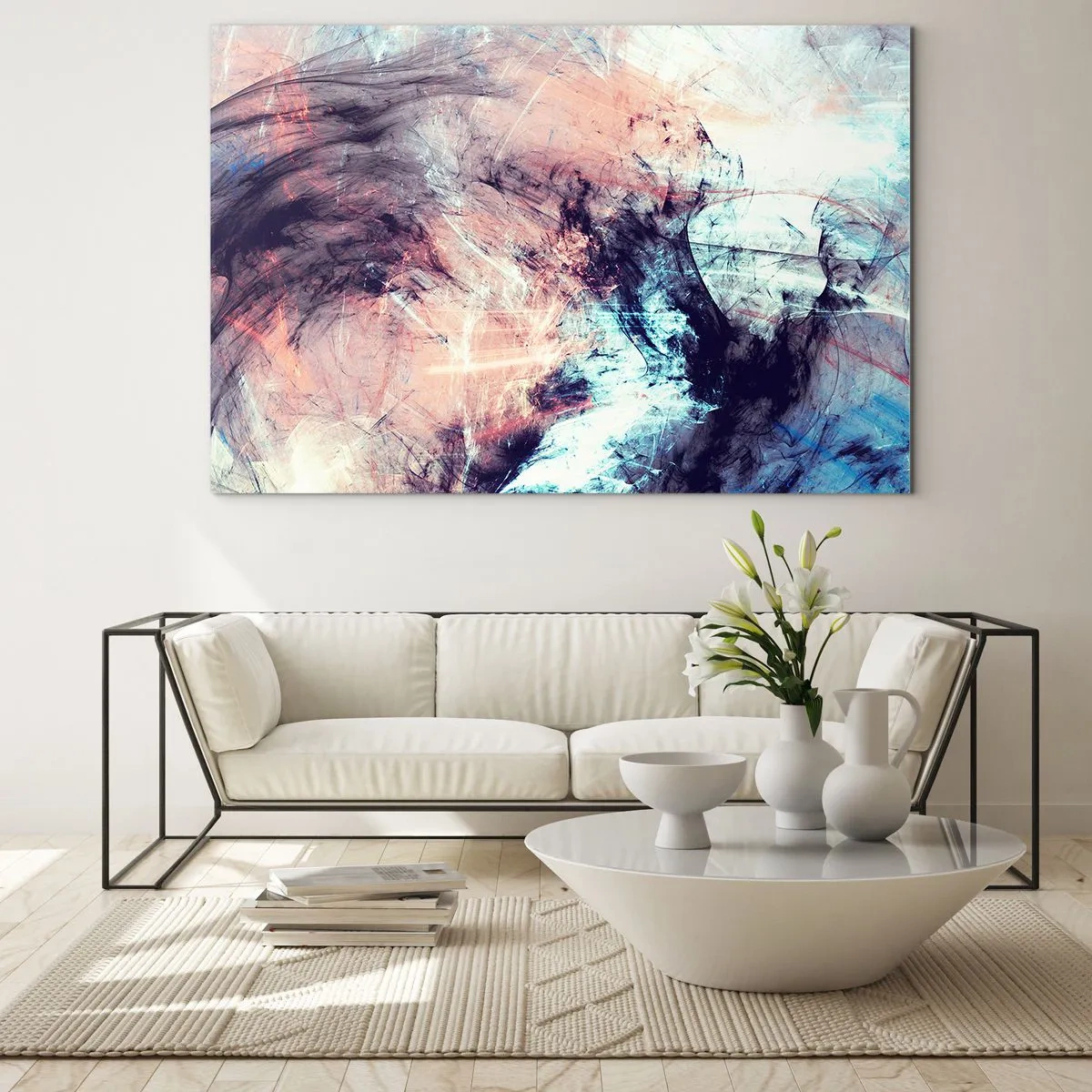 Impression sur verre - Image sur verre - Un mélange abstrait de couleurs dans des tons pastel et sombres. - 100x70cm - Sentir le vent - Décoration murale moderne pour le salon et la chambre ARTTOR