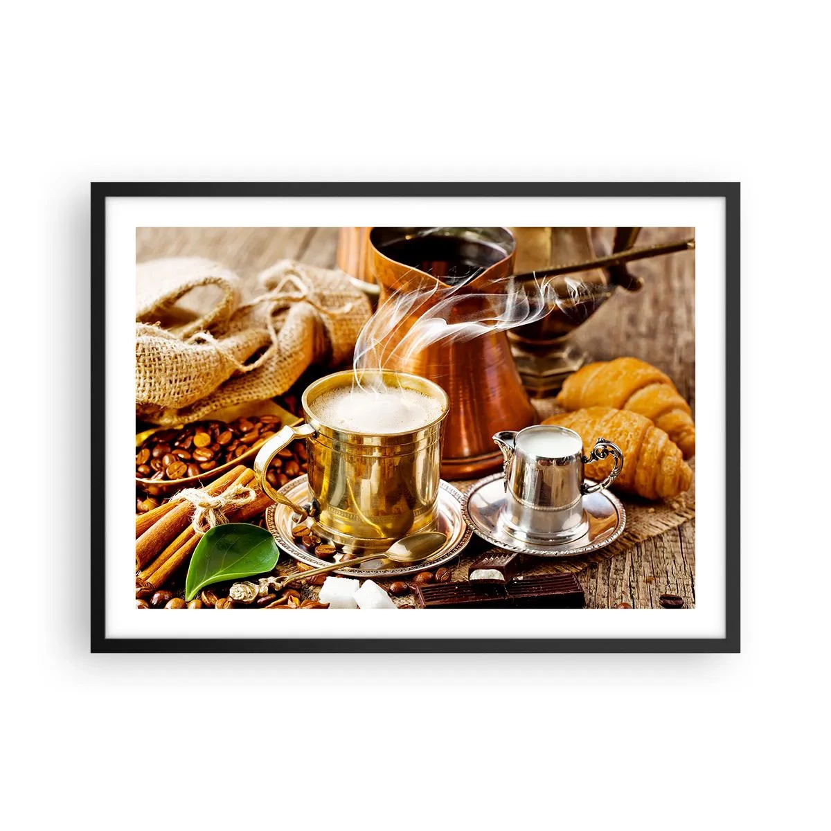 Affiche dans un cadre noir - Poster - Une tasse de café dorée entourée de grains, de cruches et de croissants - 70x50cm - Bonne journée! - Décoration murale moderne pour le salon et la chambre ARTTOR