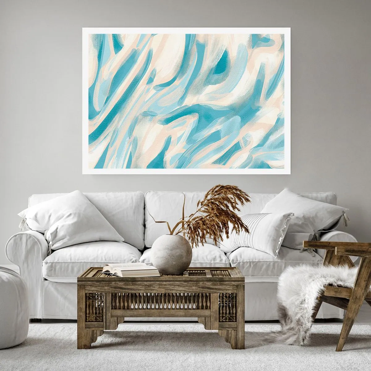 Affiche - Poster - Des stries bleues abstraites sur un fond clair - 100x70cm - Brise printanière - Décoration murale moderne pour le salon et la chambre ARTTOR