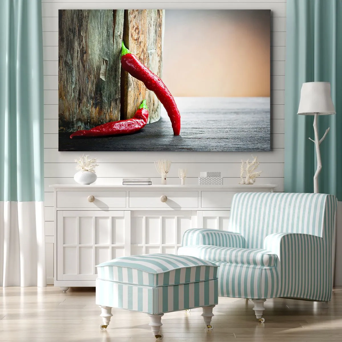 Impression sur toile - Image sur toile - Deux piments rouges sur un fond en bois avec un accent rustique - 70x50cm - Red hot chili peppers - Décoration murale moderne pour le salon et la chambre ARTTOR