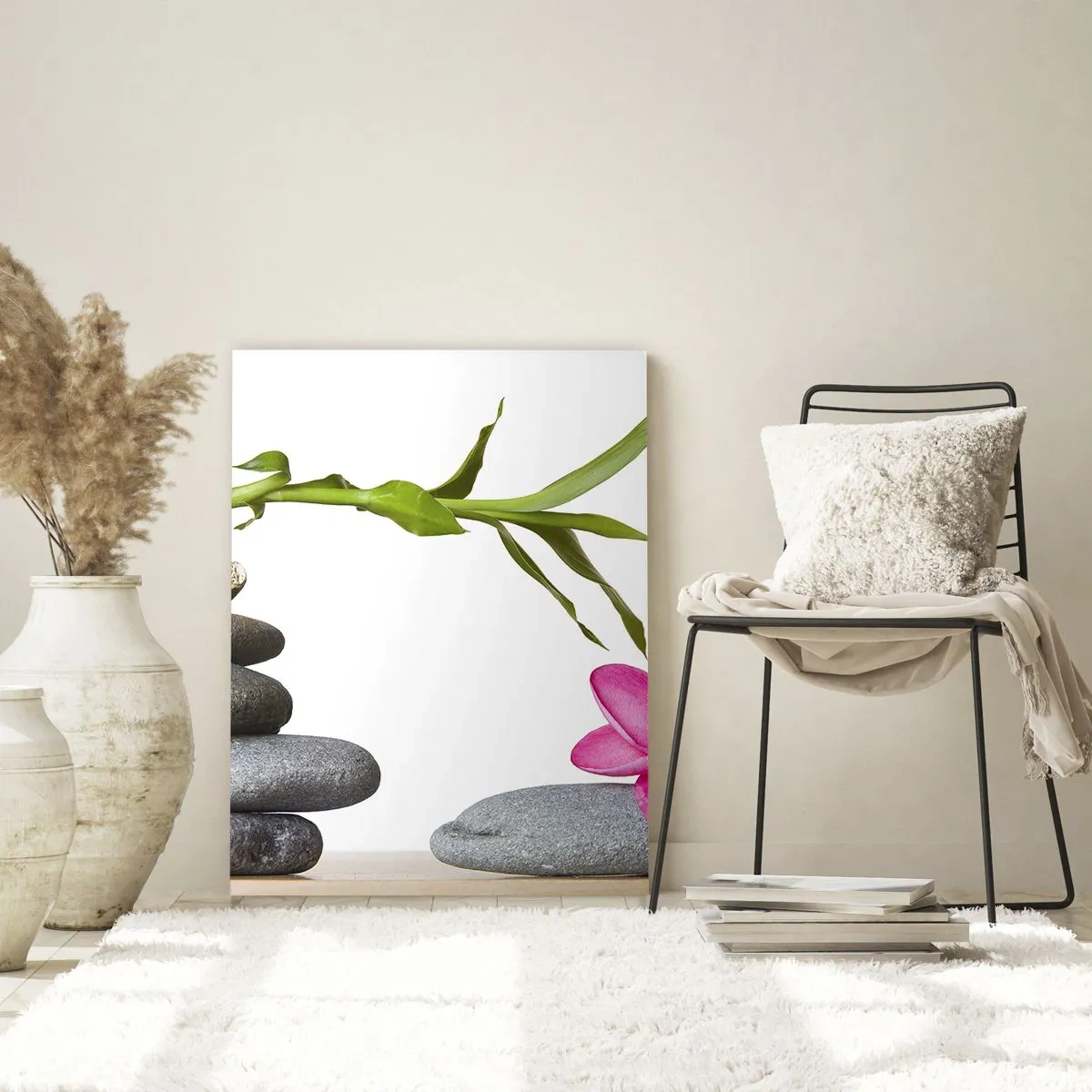 Impression sur verre - Image sur verre - Bambou, fleur rose et pierres sur fond blanc - 50x70cm - Couleurs de la vie et de la durée - Décoration murale moderne pour le salon et la chambre ARTTOR