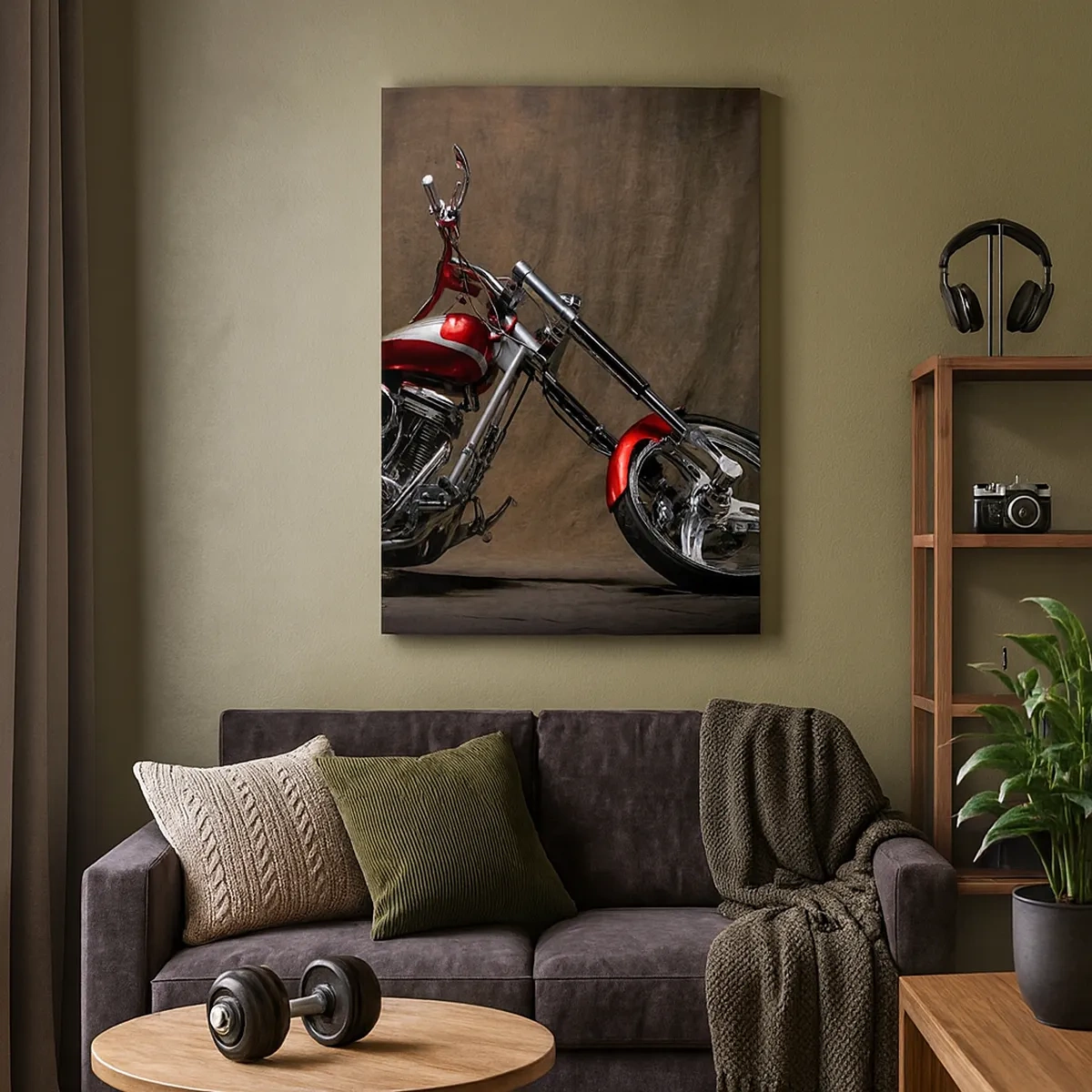 Impression sur toile - Image sur toile - Moto customisée rouge sur fond de tissu marron - 50x70cm - Beauté rouge-argent - Décoration murale moderne pour le salon et la chambre ARTTOR