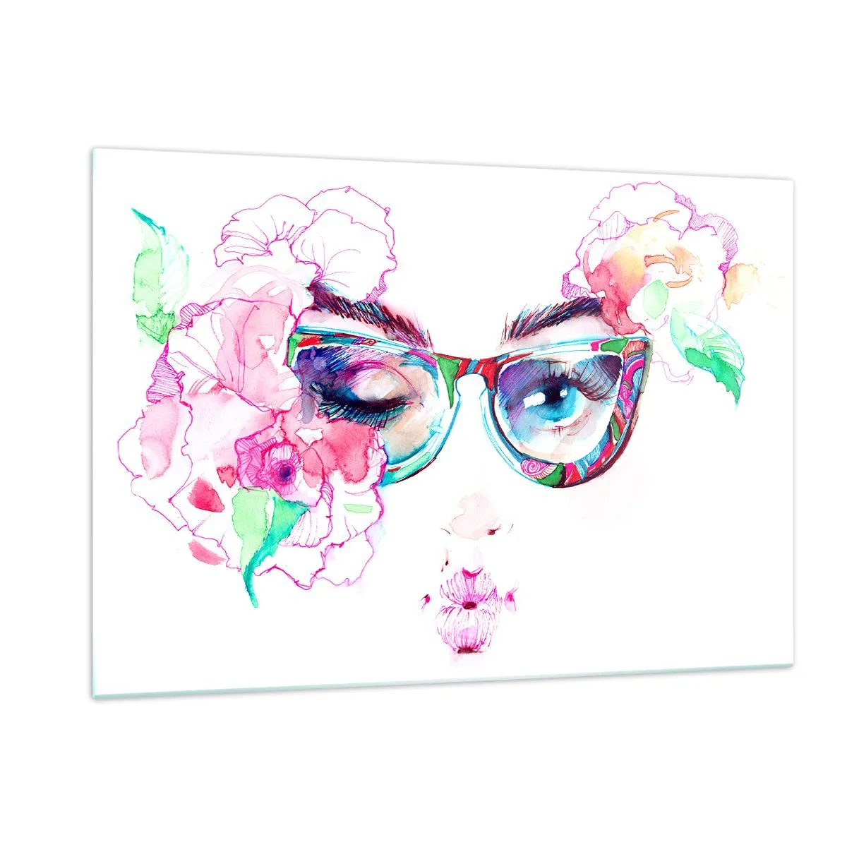 Impression sur verre - Image sur verre - Yeux de femmes avec des fleurs et des lunettes colorées dans un style aquarelle - 120x80cm - Une promesse tentante - Décoration murale moderne pour le salon et la chambre ARTTOR