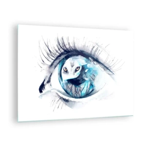 Impression sur verre - Image sur verre - Un œil de femme avec un motif de hibou dans un style aquarelle - 70x50cm - Face à face avec la nature sauvage - Décoration murale moderne pour le salon et la chambre ARTTOR