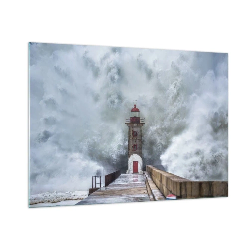 Impression sur verre - Image sur verre - Un phare est frappé par une puissante vague. - 100x70cm - Le rugissement des eaux, le bruit soufflera - Décoration murale moderne pour le salon et la chambre ARTTOR