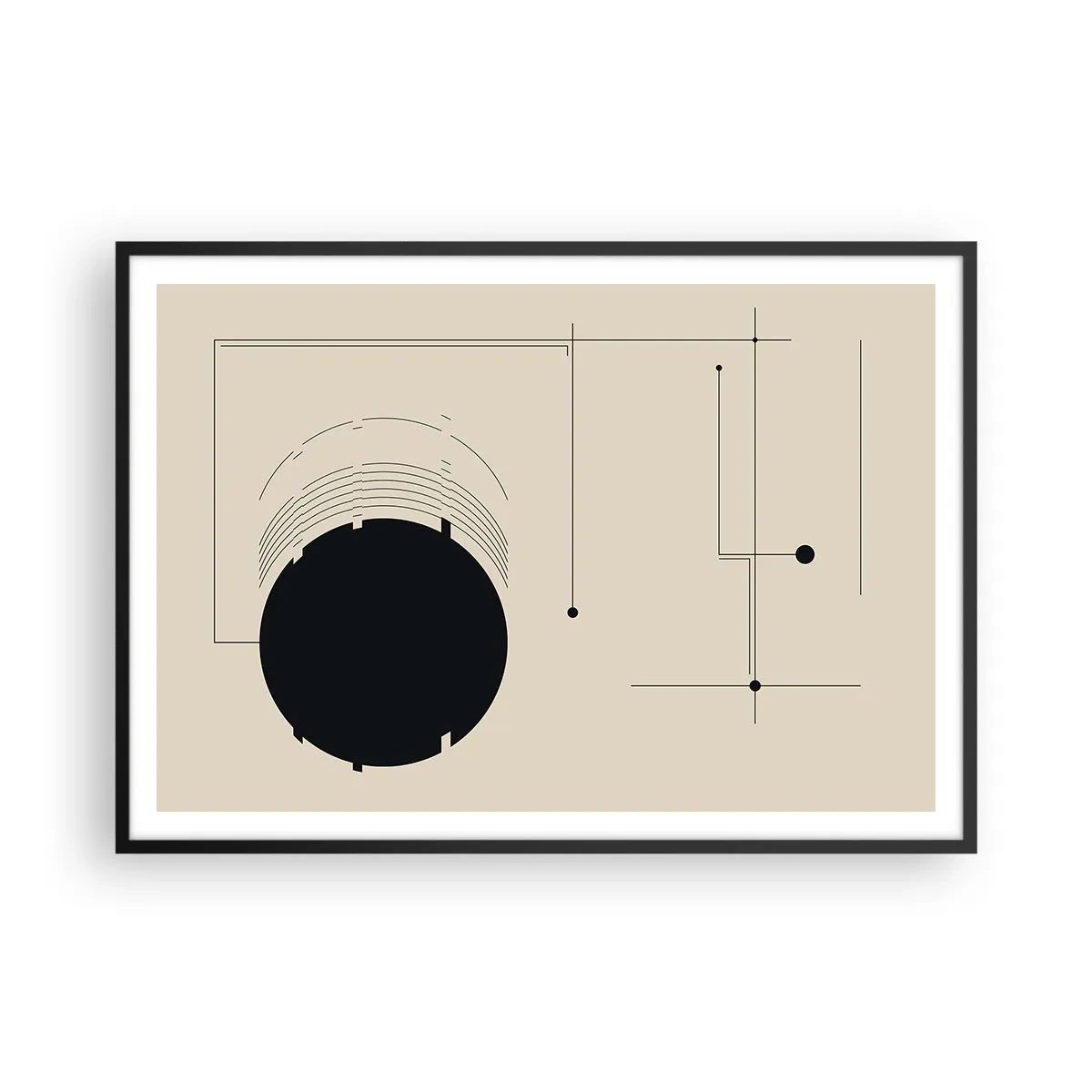 Affiche dans un cadre noir - Poster - Lignes géométriques noires et un cercle sur fond beige - 100x70cm - Une composition flexible et dynamique - Décoration murale moderne pour le salon et la chambre ARTTOR