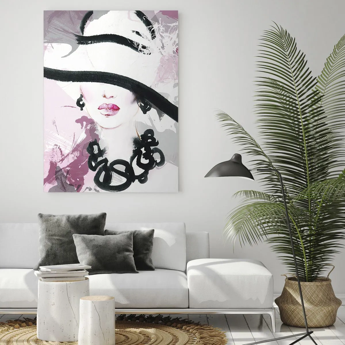 Impression sur verre - Image sur verre - Une femme élégante avec un chapeau sur un fond d'abstractions roses. - 80x120cm - Portrait d'une dame en noir et rose - Décoration murale moderne pour le salon et la chambre ARTTOR