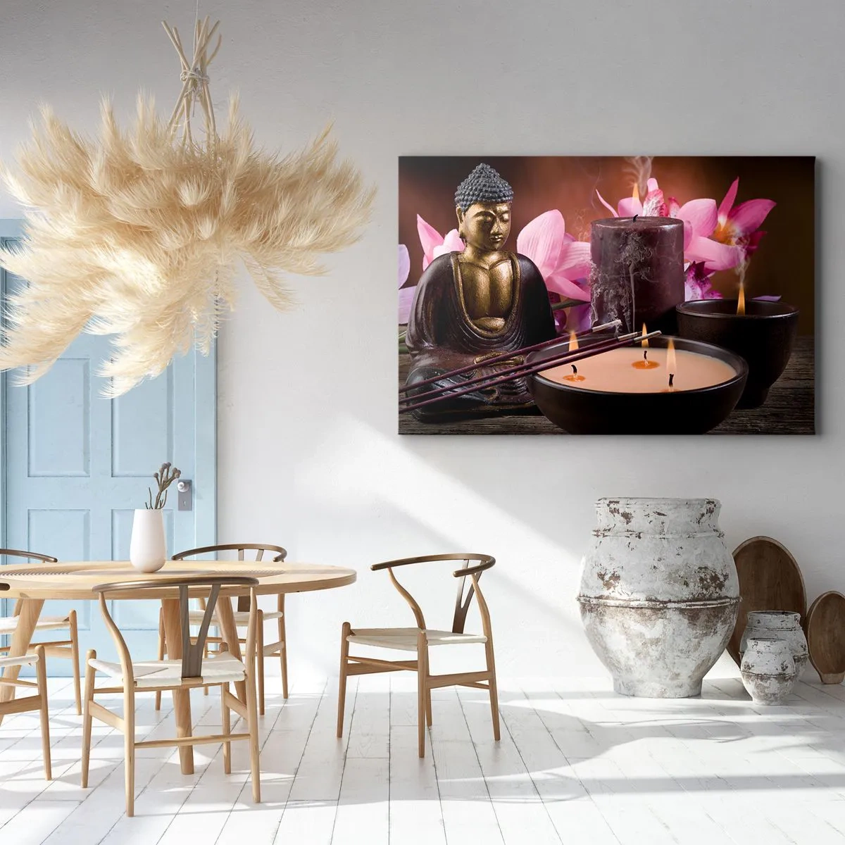 Impression sur toile - Image sur toile - Figurine de Bouddha avec bougies allumées et bâtons d'encens - 100x70cm - Vider l'esprit, calmer le corps - Décoration murale moderne pour le salon et la chambre ARTTOR