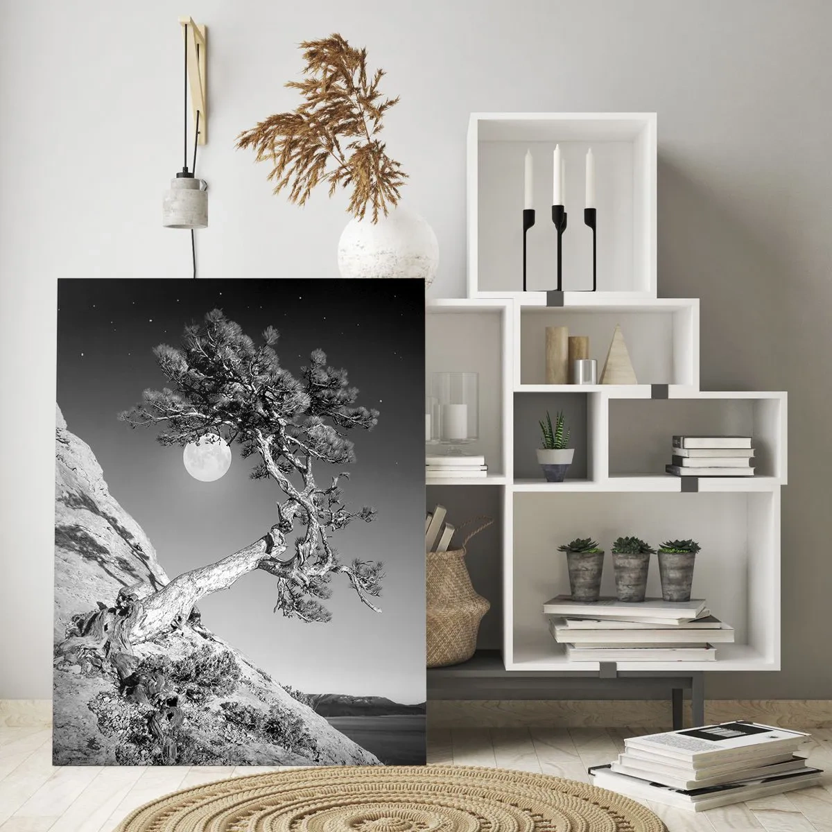 Impression sur verre - Image sur verre - Arbre noir et blanc sur une falaise avec la lune en arrière-plan - 70x100cm - Un combattant vainqueur - Décoration murale moderne pour le salon et la chambre ARTTOR