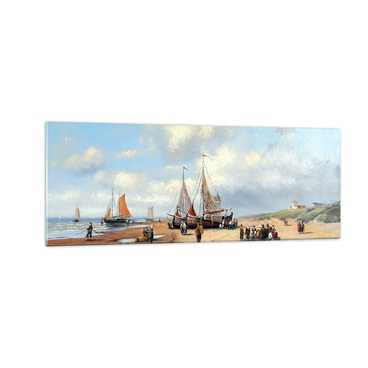 Impression sur verre - Image sur verre - Bateaux de pêche sur la plage avec des figures humaines - 140x50cm - Après une capture réussie - Décoration murale moderne pour le salon et la chambre ARTTOR