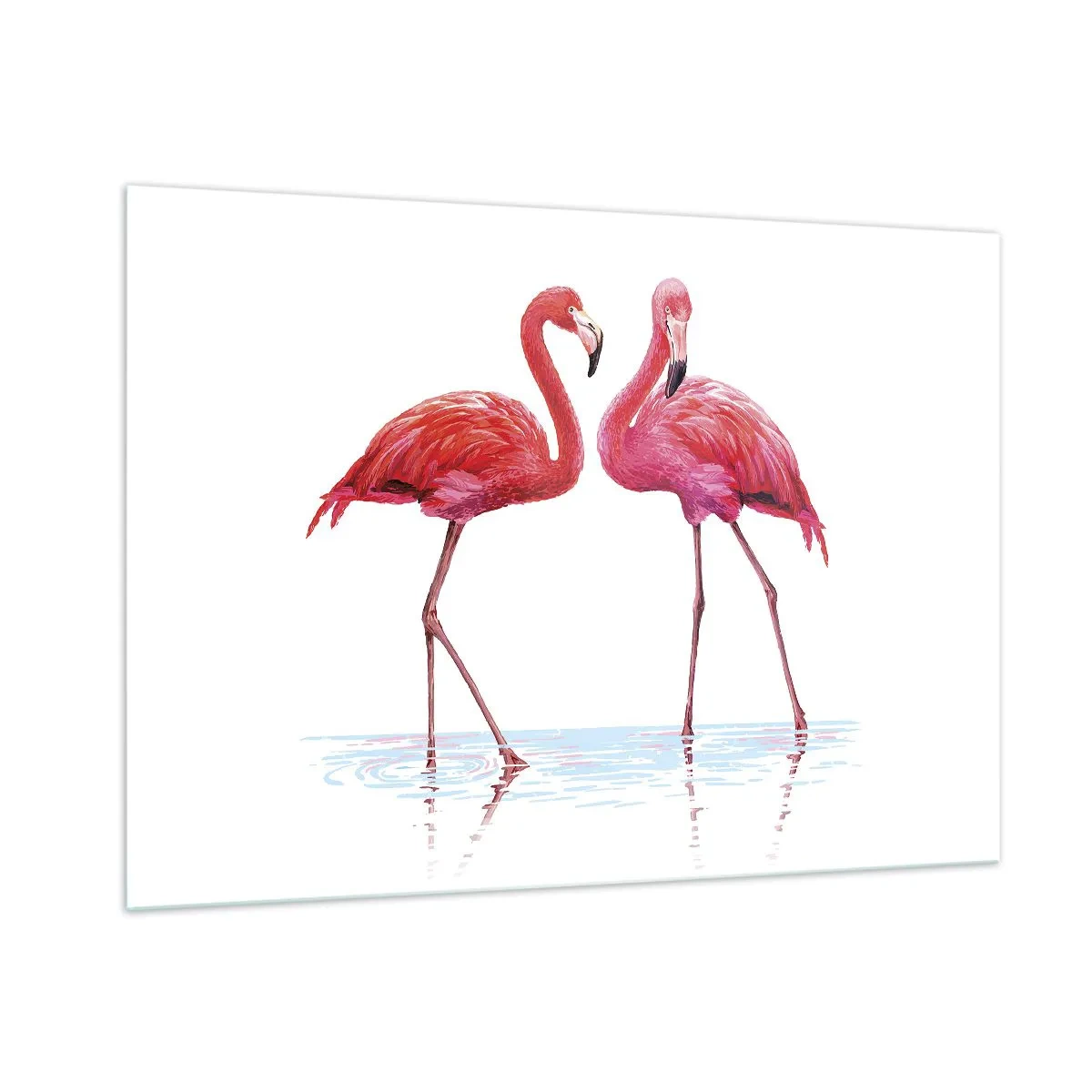 Impression sur verre - Image sur verre - Deux flamants roses debout dans l'eau - 100x70cm - Rendez-vous rose - Décoration murale moderne pour le salon et la chambre ARTTOR