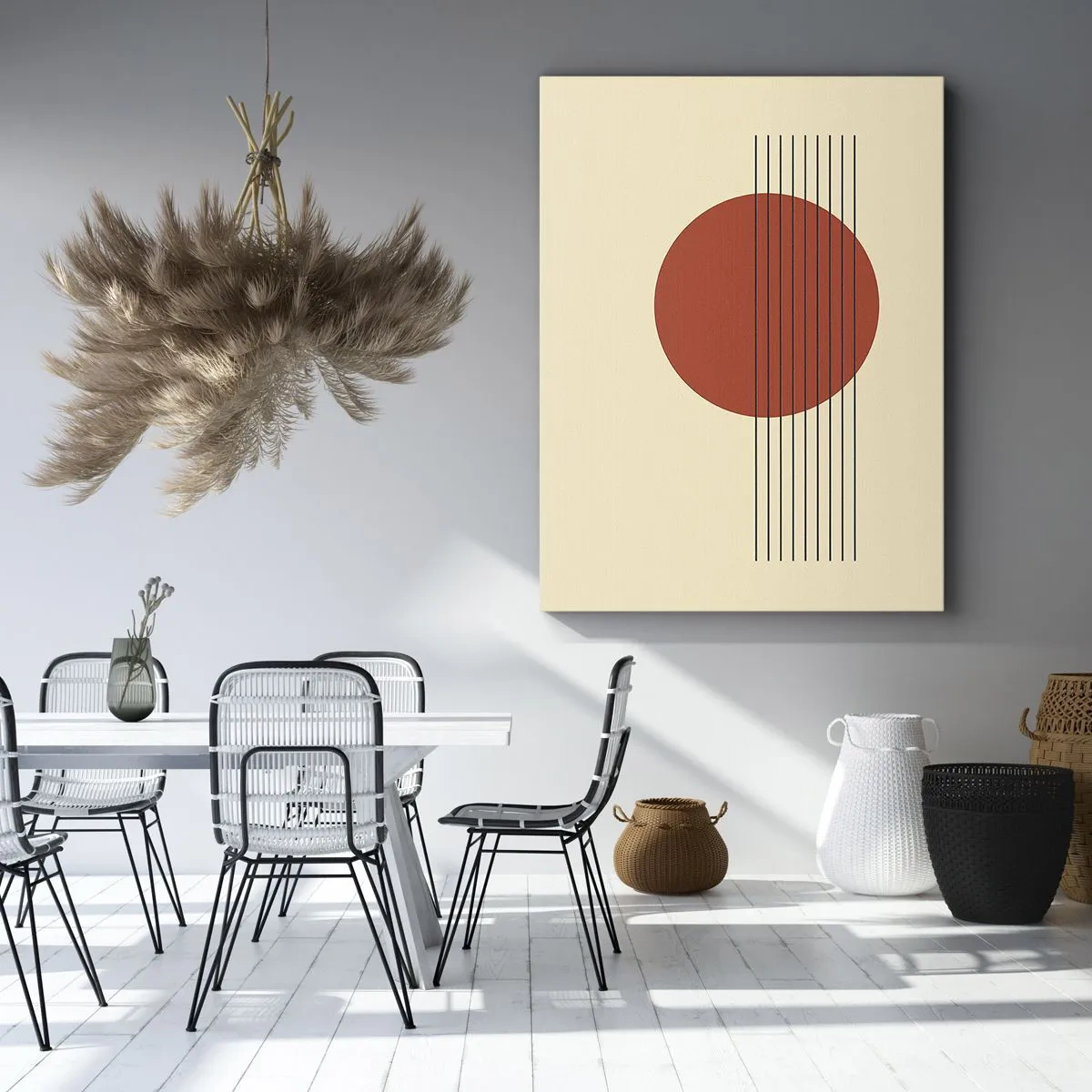Impression sur toile - Image sur toile - Cercle rouge abstrait avec des lignes sur fond beige. - 70x100cm - Aux alentours et plus loin - Décoration murale moderne pour le salon et la chambre ARTTOR