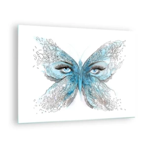 Impression sur verre - Image sur verre - Un papillon aux ailes bleues et aux yeux humains dans un style artistique. - 70x50cm - Mésange bleue Eros - Décoration murale moderne pour le salon et la chambre ARTTOR
