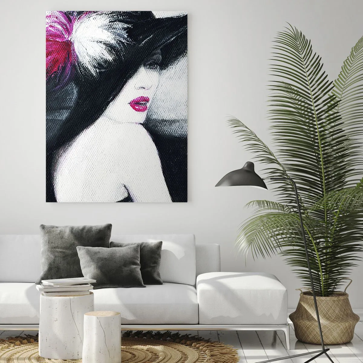 Impression sur verre - Image sur verre - Portrait d'une femme portant un grand chapeau à plumes roses - 50x70cm - Toujours un secret - Décoration murale moderne pour le salon et la chambre ARTTOR