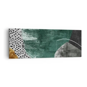 Impression sur toile - Image sur toile - Composition abstraite avec des formes vertes et des motifs à pois - 140x50cm - Abstraction colorée avec feuille d'or - Décoration murale moderne pour le salon et la chambre ARTTOR