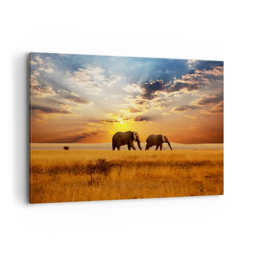 Impression sur toile - Image sur toile - Éléphants dans la savane au coucher du soleil - 100x70cm - Déambulation familliale - Décoration murale moderne pour le salon et la chambre ARTTOR