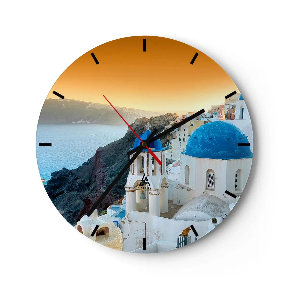 Horloge murale - Pendule murale - Santorin avec vue sur la mer au coucher du soleil - 30x30cm - Santorin - blotti contre les rochers - Décoration murale moderne pour le salon, la cuisine et la chambre ARTTOR