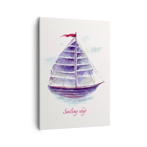 Impression sur toile - Image sur toile - Une aquarelle représentant un voilier sur l'eau avec une inscription délicate - 50x70cm - Plein de voiles et d’eau calme - Décoration murale moderne pour le salon et la chambre ARTTOR