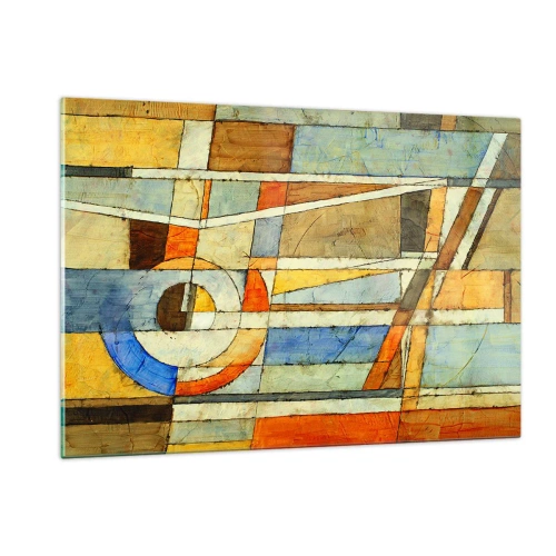 Impression sur verre - Image sur verre - Une composition abstraite aux motifs géométriques et aux couleurs chaudes. - 120x80cm - Cubisme sur le chantier - Décoration murale moderne pour le salon et la chambre ARTTOR