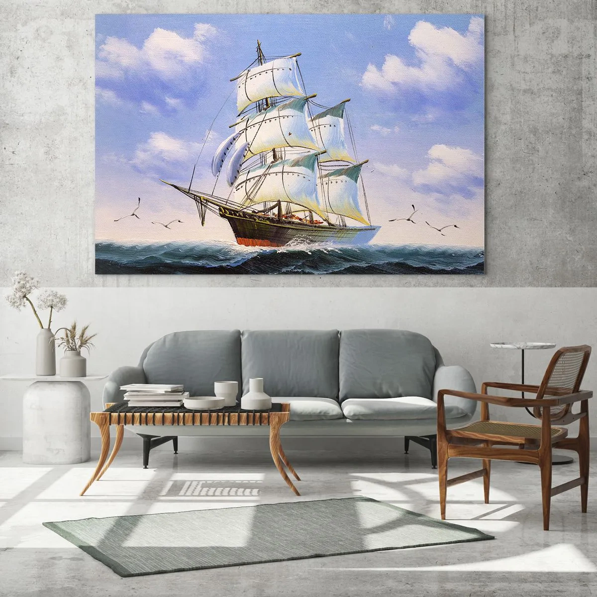Impression sur verre - Image sur verre - Un voilier en haute mer sous un ciel bleu - 70x50cm - Fièrement avec le vent - Décoration murale moderne pour le salon et la chambre ARTTOR