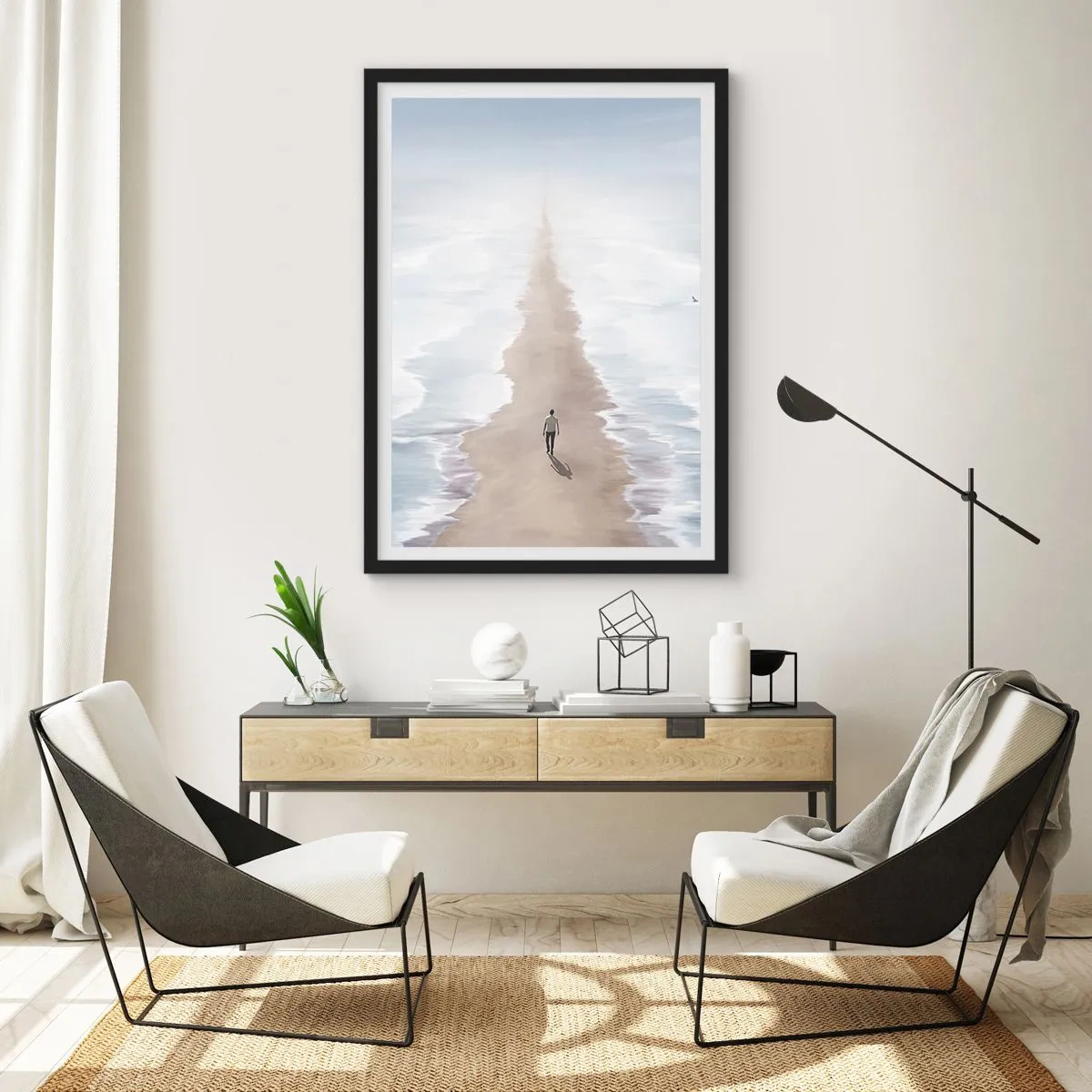 Affiche dans un cadre noir - Poster - Une silhouette marche seule le long d'un chemin parmi des eaux calmes. - 50x70cm - Un brillant avenir - Décoration murale moderne pour le salon et la chambre ARTTOR