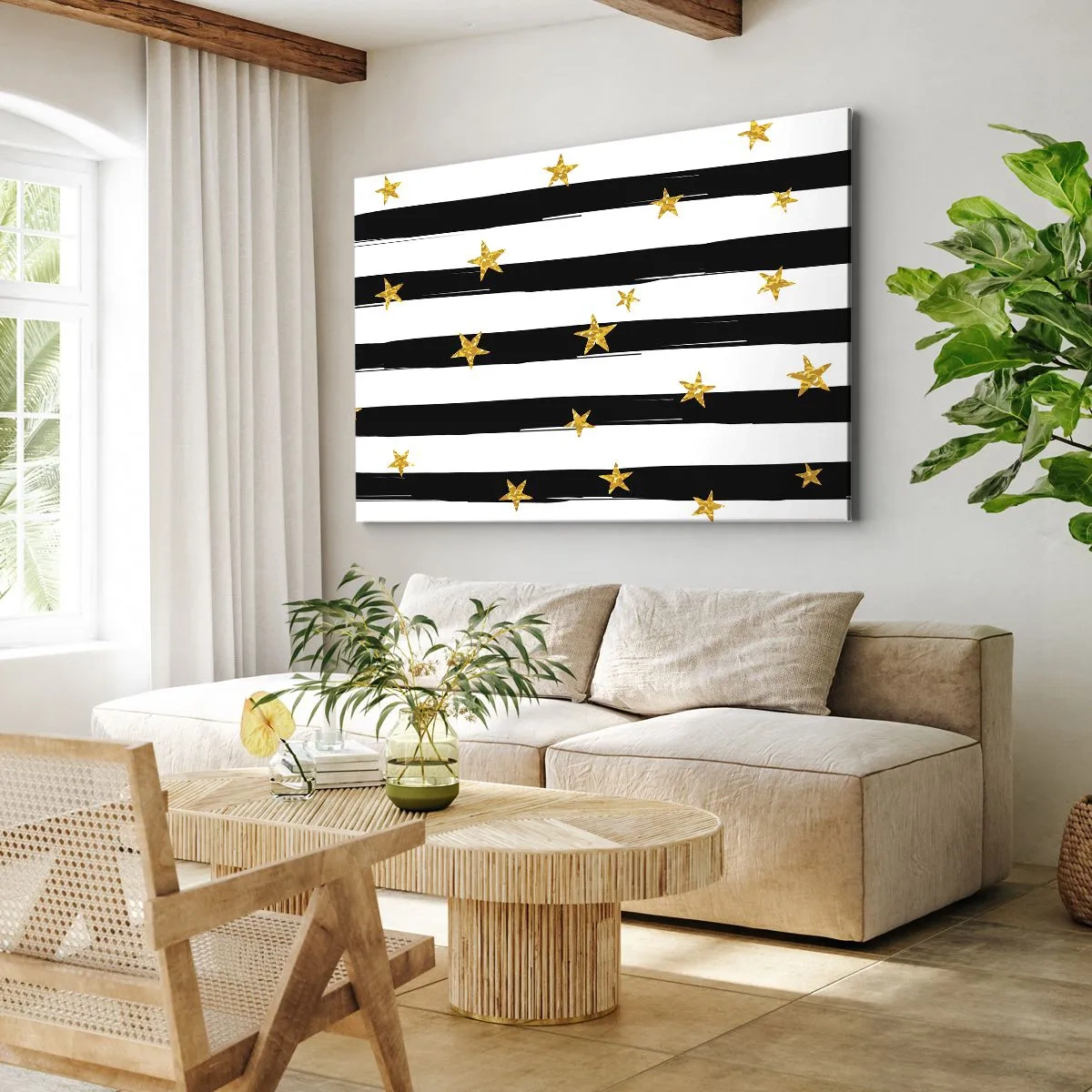 Impression sur toile - Image sur toile - Rayures noires et blanches avec étoiles dorées - 120x80cm - Nous sommes tous nés sous une bonne étoile - Décoration murale moderne pour le salon et la chambre ARTTOR