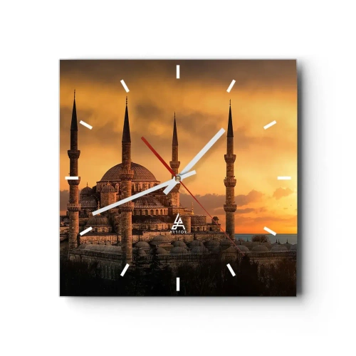 Horloge murale - Pendule murale - La mosquée au coucher du soleil aux couleurs chaudes - 30x30cm - Dieu est grand - Décoration murale moderne pour le salon et la chambre ARTTOR