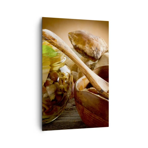 Impression sur toile - Image sur toile - Champignons naturels dans un bocal sur une table rustique - 80x120cm - Que ce soit frais ou salé, ou en automne... - Décoration murale moderne pour le salon et la chambre ARTTOR