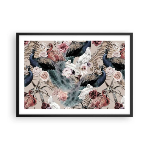 Affiche dans un cadre noir - Poster - Un paysage avec des plumes de paon, des roses et des oiseaux dans un style romantique. - 70x50cm - Dans un jardin de palace - Décoration murale moderne pour le salon et la chambre ARTTOR