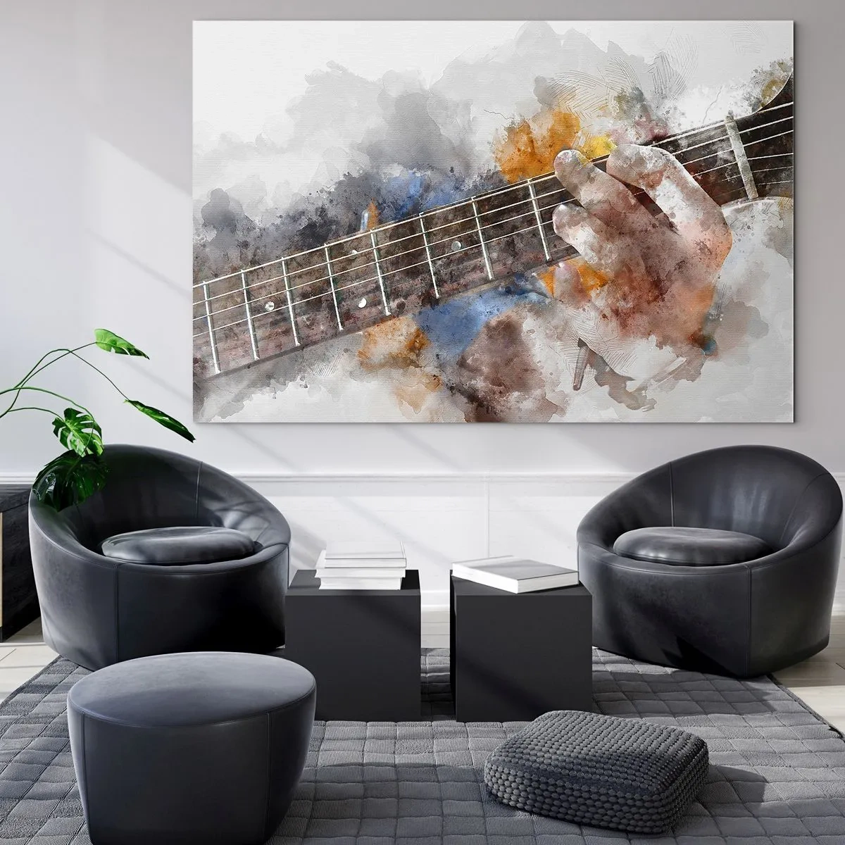 Impression sur verre - Image sur verre - Motif aquarelle d'une main jouant de la guitare - 70x50cm - La poésie entre les cordes - Décoration murale moderne pour le salon et la chambre ARTTOR