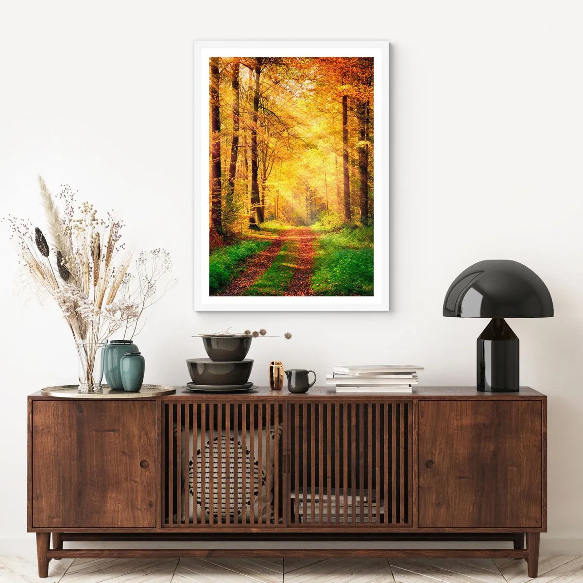 Affiche dans un cadre blanc - Poster - Silence d'or en forêt - 50x70 cm