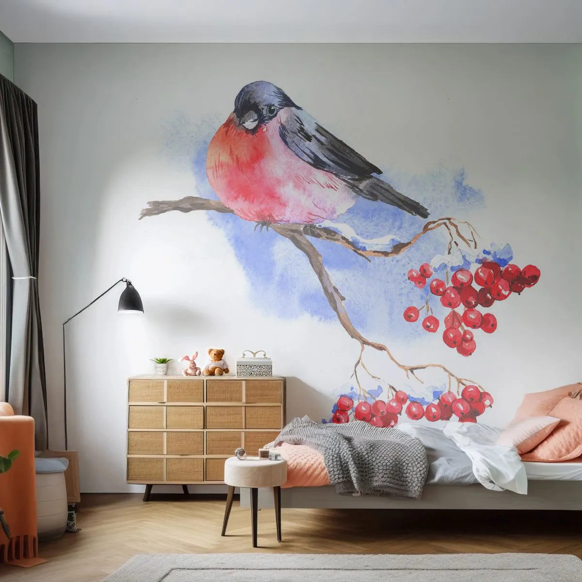 Papier Peint Autocollant Deluxe Sticker - L'hiver en couleurs - Oiseau sur une branche, Rowan rouge, Graphique - 250x175 cm