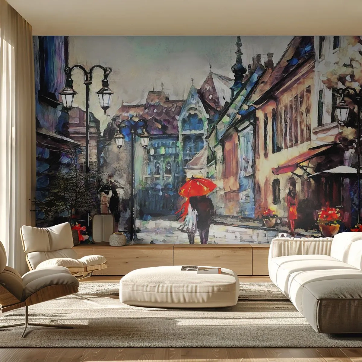 Papier Peint Photo Premium Sand - Rue romantique sous la pluie avec un parapluie rouge - 100x70cm - Pluie pour deux - Décoration murale moderne pour le salon et la chambre ARTTOR