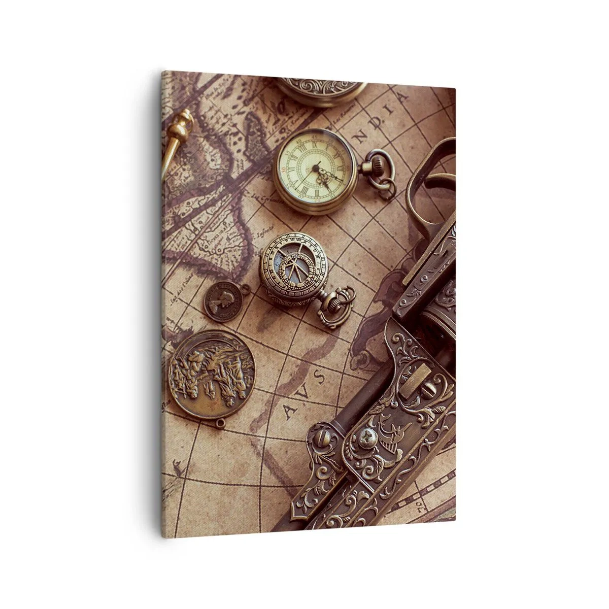 Impression sur toile - Image sur toile - Objets anciens sur une vieille carte dans un style rétro - 50x70cm - L'aventure appelle - Décoration murale moderne pour le salon et la chambre ARTTOR