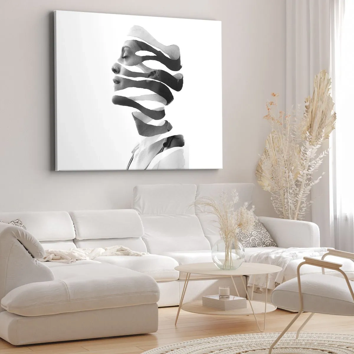 Impression sur toile - Image sur toile - Portrait noir et blanc d'une femme avec un effet rayé surréaliste - 120x80cm - Portrait surréaliste - Décoration murale moderne pour le salon et la chambre ARTTOR