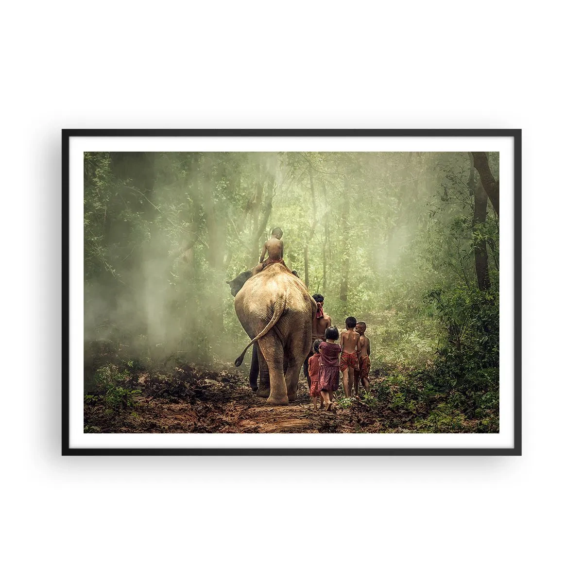 Affiche dans un cadre noir - Poster - Enfants avec un éléphant dans une forêt verte à la lumière du matin - 100x70cm - Nouveau livre de la jungle - Décoration murale moderne pour le salon et la chambre ARTTOR
