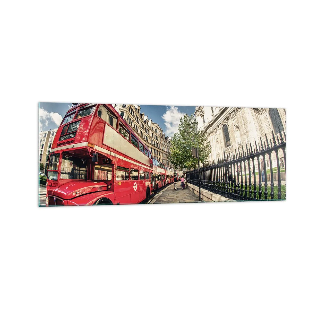 Impression sur verre - Image sur verre - Bus rouge à impériale à Londres près de la rue et de la cathédrale - 140x50cm - Rue de Londres en gris et rouge - Décoration murale moderne pour le salon et la chambre ARTTOR