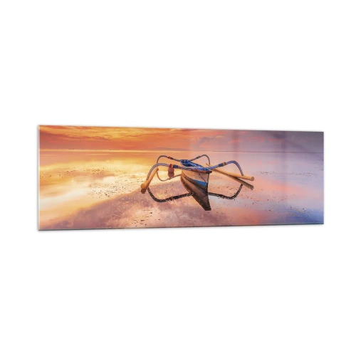 Impression sur verre - Image sur verre - Un bateau sur une eau calme au coucher du soleil - 160x50cm - Le calme d'une soirée tropicale - Décoration murale moderne pour le salon et la chambre ARTTOR