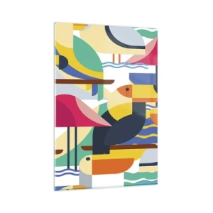 Impression sur verre - Image sur verre - Oiseaux colorés dans une composition abstraite et géométrique - 80x120cm - Fête des oiseaux - Décoration murale moderne pour le salon et la chambre ARTTOR