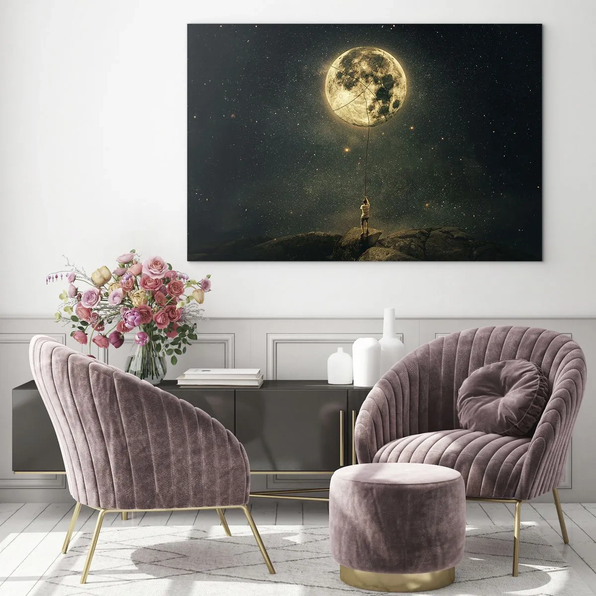 Impression sur verre - Image sur verre - Une figure sur un rocher tenant la lune, qui est piégée sur une corde. - 70x50cm - Celui qui a volé la lune - Décoration murale moderne pour le salon et la chambre ARTTOR