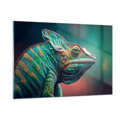 Impression sur verre - Image sur verre - Un caméléon coloré sur un fond flou dans une lumière intense. - 120x80cm - Vous me voyez? Pas bien… - Décoration murale moderne pour le salon et la chambre ARTTOR