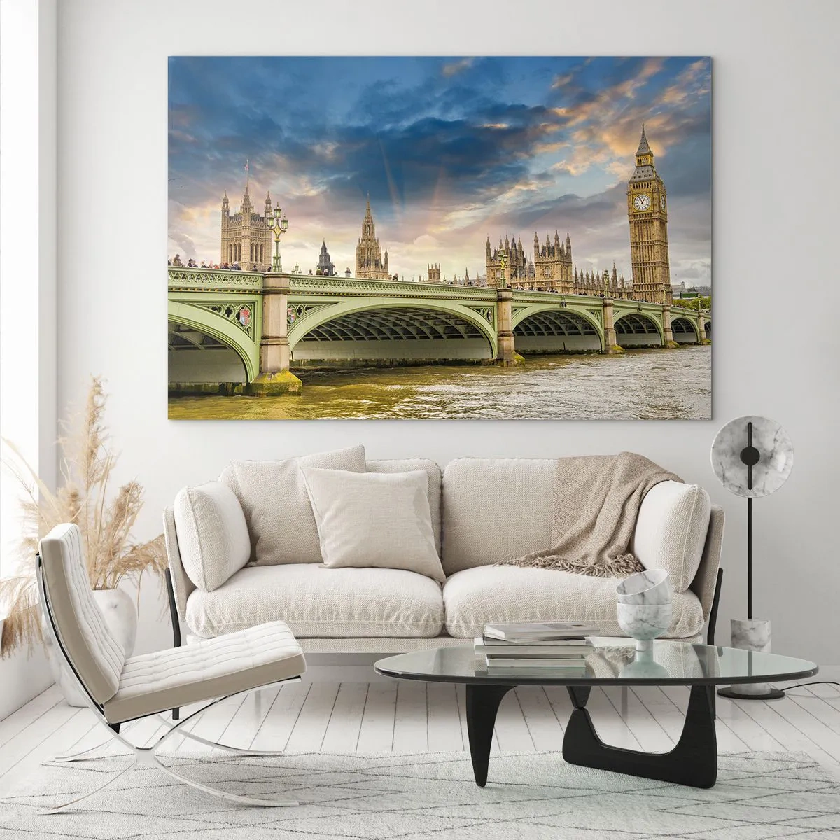 Impression sur verre - Image sur verre - Big Ben et le pont de Westminster au coucher du soleil - 100x70cm - Le temps s'est arrêté dans l'Empire - Décoration murale moderne pour le salon et la chambre ARTTOR