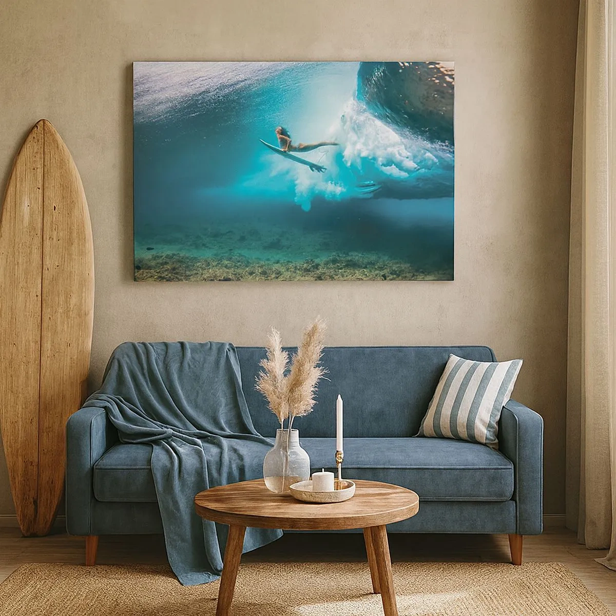 Impression sur toile - Image sur toile - Surfeur sous une vague dans l'eau bleue de l'océan - 70x50cm - Monde sous marin - Décoration murale moderne pour le salon et la chambre ARTTOR