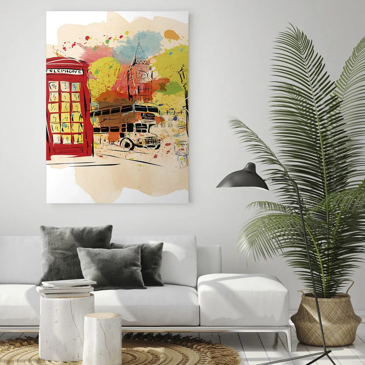 Impression sur verre - Image sur verre - Une cabine téléphonique rouge, un bus à impériale et Big Ben - 50x70cm - La ville de la variété - Décoration murale moderne pour le salon et la chambre ARTTOR